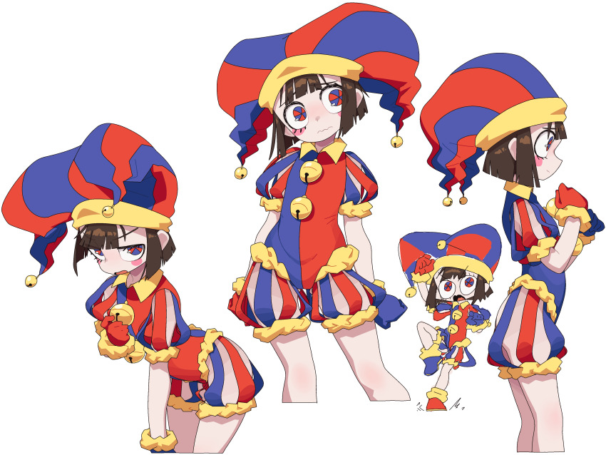 1girl absurdres adapted_costume arched_back arms_at_sides asymmetrical_gloves bell blue_eyes blue_gloves blue_shoes blunt_bangs blush blush_stickers brown_hair closed_mouth cowboy_shot cropped_legs embarrassed female_focus flat_chest from_side gloves half-closed_eyes hand_up hands_up hat head_tilt highres jaggy_lines jester_cap jingle_bell leaning_forward looking_at_viewer looking_to_the_side mismatched_gloves mismatched_shoes multicolored_eyes multiple_views neamosub nose_blush open_mouth pomni_(the_amazing_digital_circus) puffy_short_sleeves puffy_sleeves raised_eyebrows red_eyes red_gloves red_shoes shoes short_hair short_jumpsuit short_sleeves sidelocks simple_background standing the_amazing_digital_circus two-tone_hat two-tone_jumpsuit v-shaped_eyebrows wavy_mouth white_background