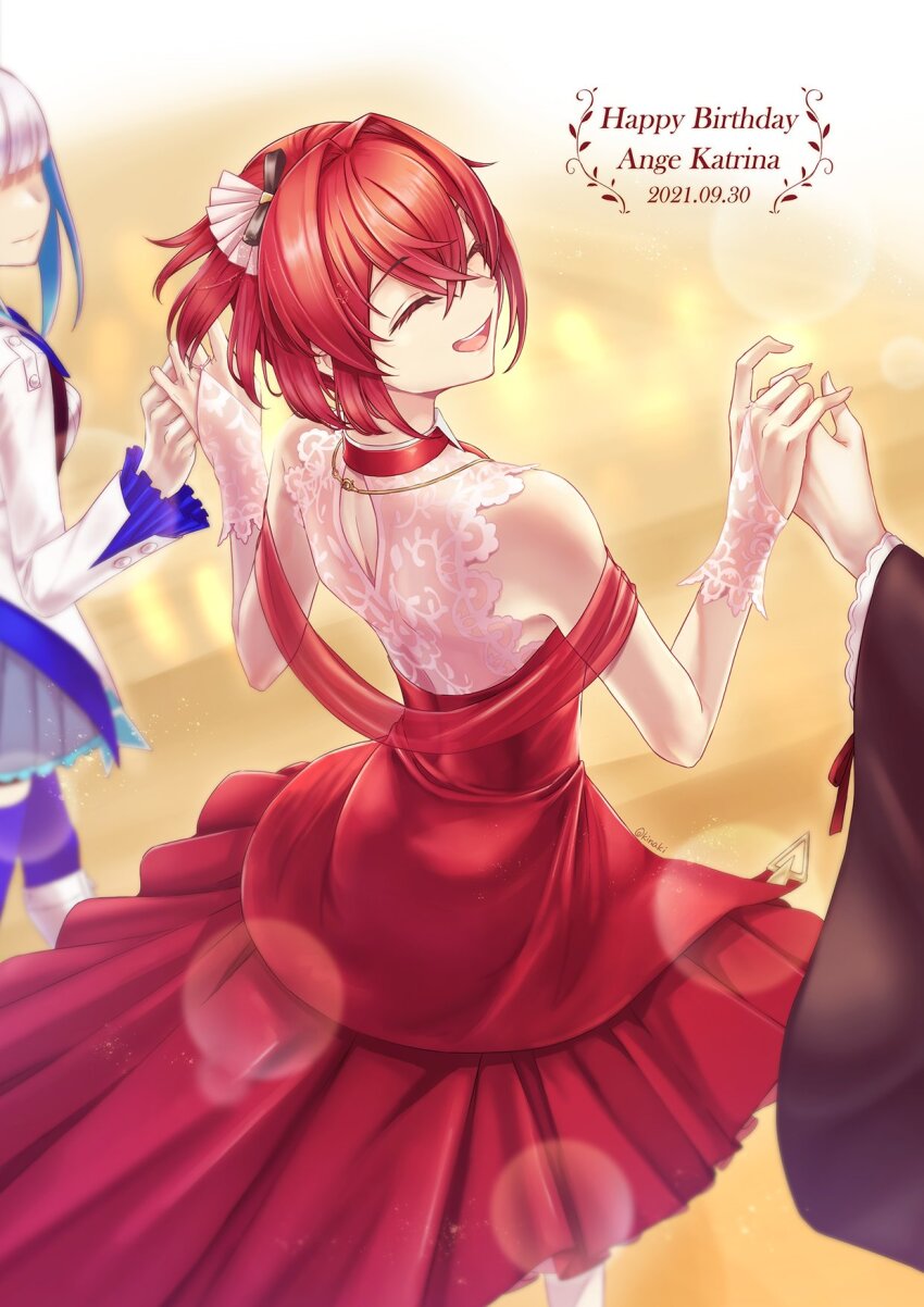 00kinaki_m 3girls ^_^ ange_katrina ange_katrina_(3rd_costume) artist_name bare_shoulders black_bow blurry blurry_background bokeh bow bridal_gauntlets character_name closed_eyes collared_dress commentary_request crossed_bangs dated depth_of_field dress eyelashes from_behind gold_necklace hair_between_eyes hair_bow hair_intakes hair_ornament hands_up happy_birthday highres holding_hands inui_toko inui_toko_(1st_costume) jewelry lace_bridal_gauntlets lace_dress lize_helesta lize_helesta_(1st_costume) long_bangs median_furrow medium_dress multiple_girls necklace nijisanji open_mouth out_of_frame pink_bridal_gauntlets pink_dress red_dress red_hair sanbaka_(nijisanji) short_hair sleeveless sleeveless_dress smile standing teeth turning_head two-tone_dress upper_teeth_only virtual_youtuber yellow_background