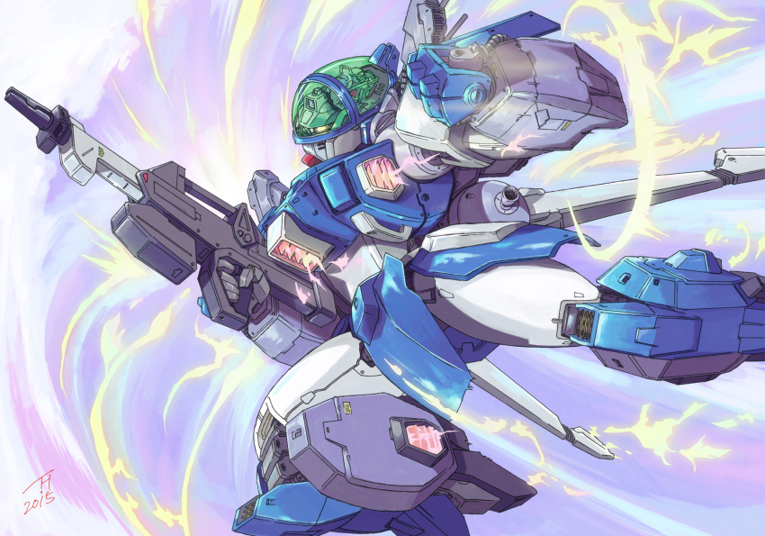 1boy aoki_ryuusei_spt_layzner asuka_eiji canopy_(aircraft) flying glowing glowing_eyes gun highres holding holding_gun holding_weapon kujira_gunsou layzner looking_ahead mecha mecha_focus no_humans robot science_fiction solo weapon yellow_eyes