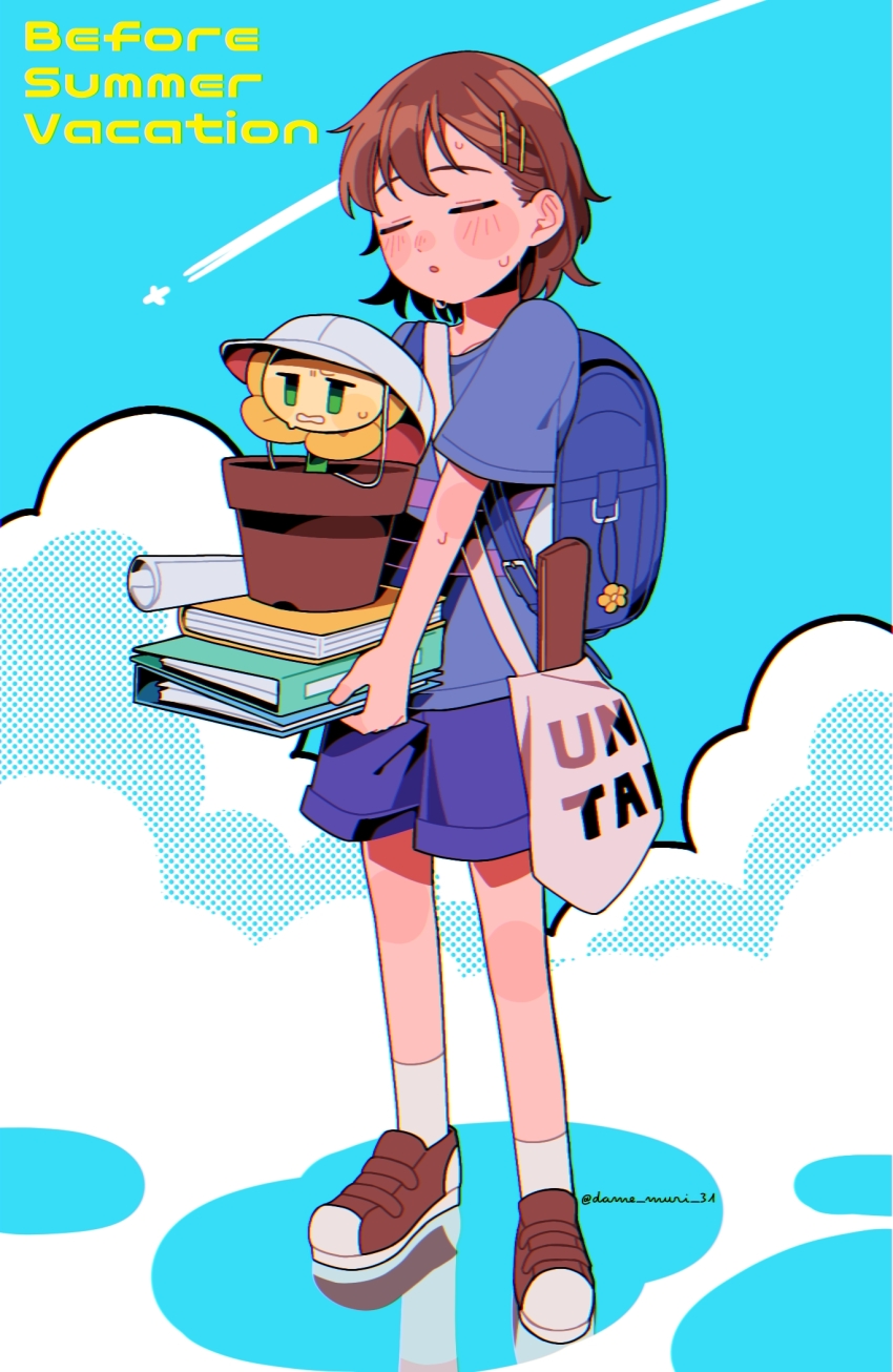 1other :o ake_blood alternate_sleeve_length ankle_socks aqua_background backpack bag blue_bag blue_shirt blush book brown_footwear charm_(object) chromatic_aberration clenched_teeth closed_eyes clothes_writing cloud commentary_request english_text flower flower_pot flowey_(undertale) frisk_(undertale) full_body green_eyes hair_behind_ear hair_between_eyes hair_ornament hat highres holding holding_book legs_apart open_mouth other_focus puddle purple_shirt purple_shorts reflection rolled_up_paper shirt short_hair short_sleeves shorts shoulder_bag simple_background socks standing striped_clothes striped_shirt sweat teeth two-tone_shirt u_u undertale white_bag white_hat white_socks yellow_flower
