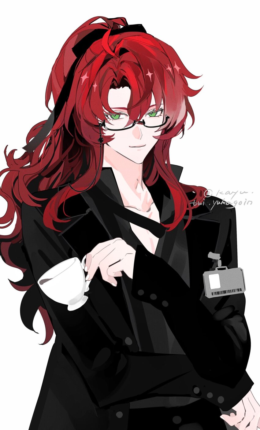 1boy ahoge argenti_(honkai:_star_rail) artist_name black-framed_eyewear black_jacket black_ribbon closed_mouth coffee coffee_mug collarbone collared_shirt commentary cup curtained_hair eyewear_strap glasses green_eyes grey_shirt hair_between_eyes hair_intakes hair_ribbon hand_up high_ponytail highres holding holding_cup honkai:_star_rail honkai_(series) id_card jacket kayu_(yukagoin) lapels long_hair long_sleeves looking_at_viewer male_focus mug multicolored_hair open_clothes open_collar open_jacket parted_bangs ponytail red_hair ribbon semi-rimless_eyewear shirt sidelocks simple_background smile solo symbol-only_commentary twitter_username under-rim_eyewear upper_body white_background white_hair