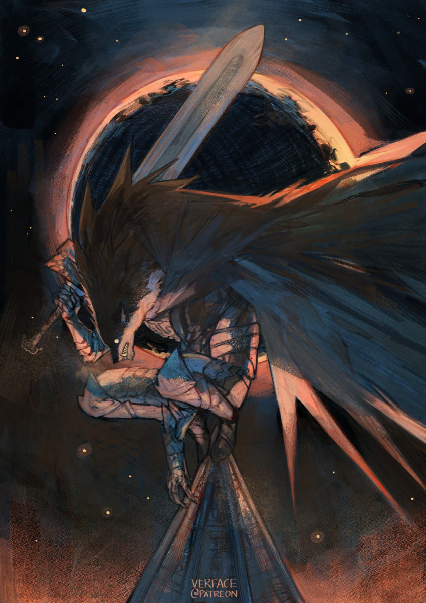1boy animal_head armor blaidd_the_half-wolf cape cloak elden_ring full_moon fur_cape fur_cloak greatsword highres holding holding_sword holding_weapon huge_weapon leg_armor moon night plate_armor shoulder_armor solo sword ver_(verface) weapon wolf wolf_boy wolf_head