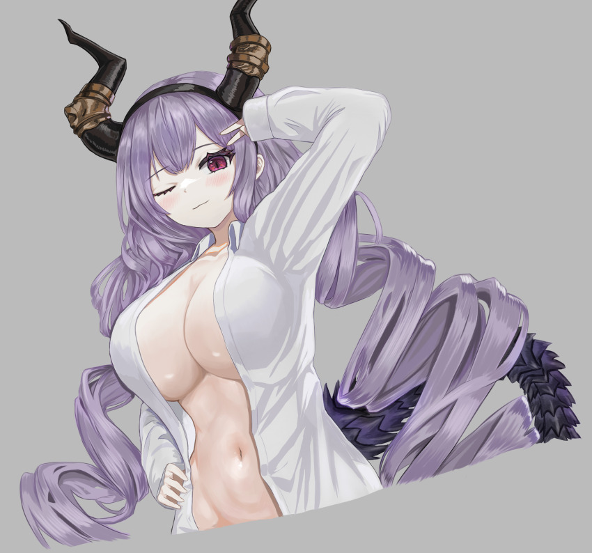 1girl ;) alternate_breast_size_(larger) arknights arm_up black_hairband black_horns blush bottomless breasts cleavage closed_mouth collared_shirt curly_hair curvy eyelashes fake_horns grey_background hairband hand_on_own_hip highres horn_hairband horns huge_breasts light_smile long_hair long_sleeves looking_at_viewer naked_shirt navel no_bra one_eye_closed open_clothes open_shirt purple_eyes purple_hair purple_tail shirt simple_background smile solo spiked_tail stomach tail typhon_(arknights) upper_body v very_long_hair white_shirt wide_hips yongdogi