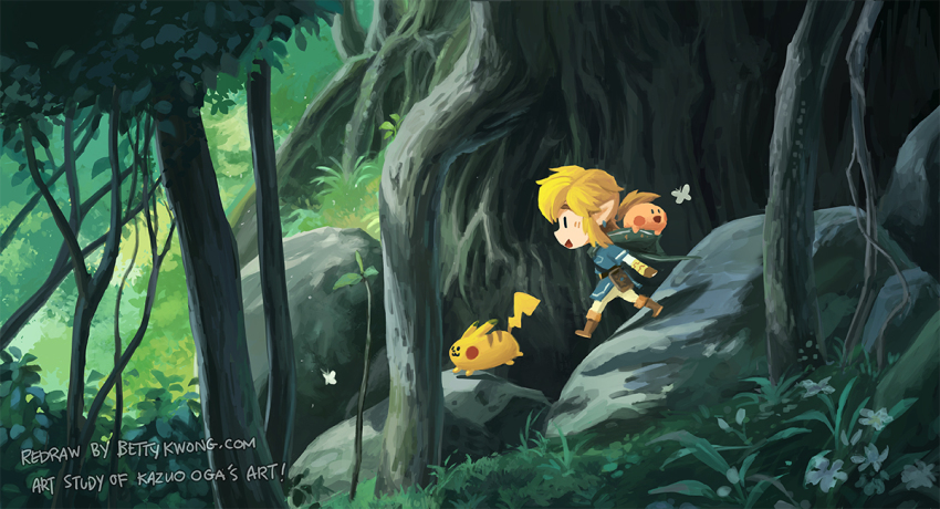 1boy bettykwong blonde_hair blouse blue_shirt blush_stickers boulder bug butterfly chibi commentary english_commentary english_text forest from_side gen_1_pokemon insect kirby link nature nintendo pikachu pokemon pokemon_(creature) shirt studio_ghibli super_smash_bros. the_legend_of_zelda the_legend_of_zelda:_breath_of_the_wild tree