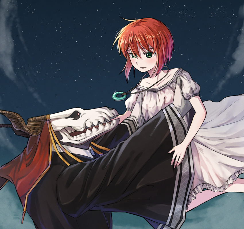 1boy 1girl absurdres animal_head animal_skull black_coat coat delfuze dress elias_ainsworth hatori_chise highres horns interspecies jewelry lifting_person long_sleeves mahou_tsukai_no_yome necklace night night_sky skull_head sky smile star_(sky) starry_sky white_dress
