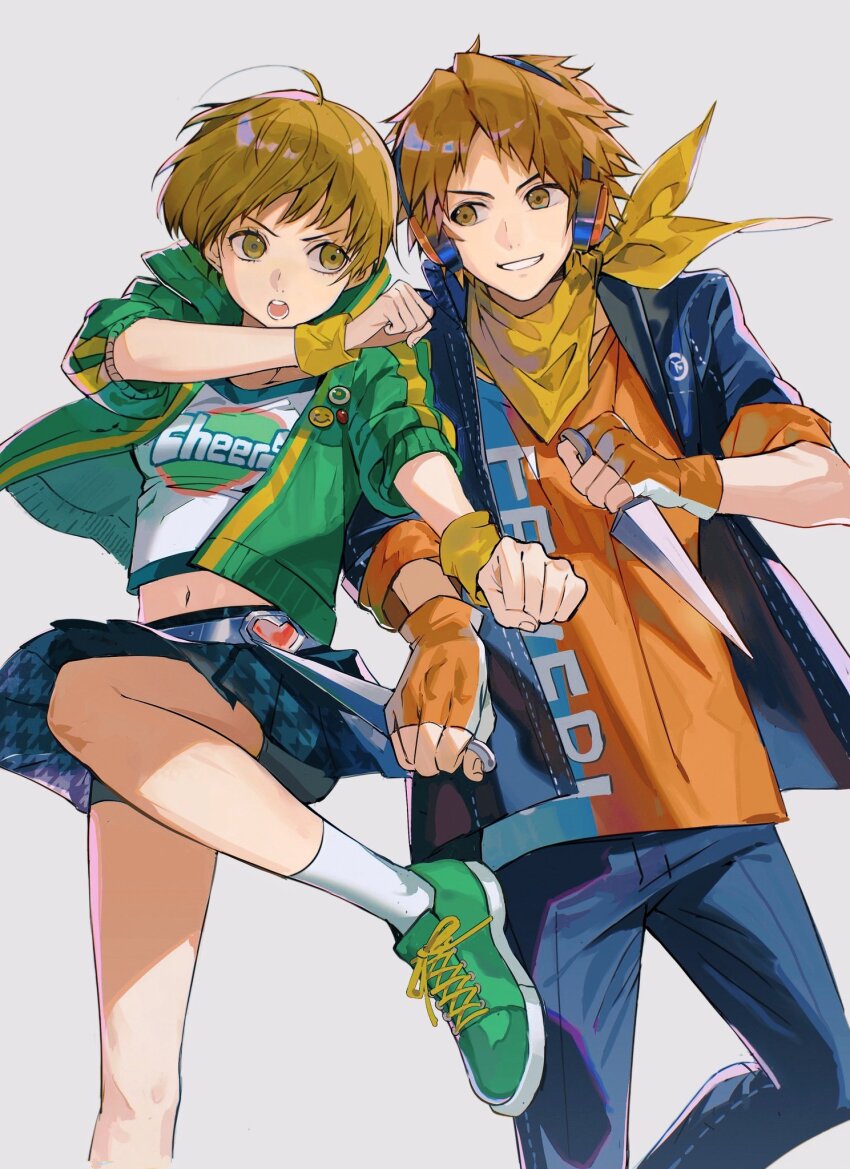 1boy 1girl bike_shorts bike_shorts_under_skirt black_jacket black_pants black_skirt brown_eyes brown_hair clothes_writing commentary_request dual_wielding fingerless_gloves gloves green_jacket green_shoes grey_background grin hanamura_yousuke headphones highres holding holding_weapon houndstooth jacket ketaku0404 kunai leg_up miniskirt navel open_mouth orange_gloves pants persona persona_4 persona_4:_dancing_all_night persona_dancing satonaka_chie shirt shoes short_hair simple_background skirt sleeves_rolled_up smile sneakers weapon