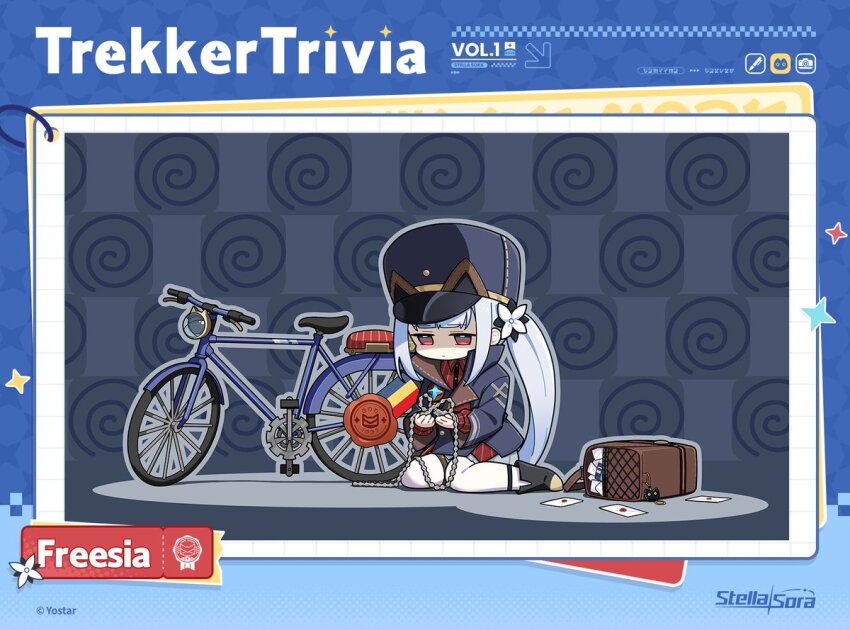1girl bag bicycle bicycle_chain black_boots blue_hat blue_jacket boots brown_bag chain character_name closed_mouth collared_jacket collared_shirt commentary copyright_name copyright_notice deformed dress_shirt english_commentary english_text envelope freesia_(stella_sora) grey_hair grey_skirt hat high_collar holding holding_chain jacket jitome long_hair long_sleeves messenger_bag official_art pantyhose pinstripe_pattern pinstripe_shirt pleated_skirt red_eyes red_shirt shirt shiyoheee shoulder_bag side_ponytail sidelocks skirt solo stella_sora very_long_hair white_pantyhose