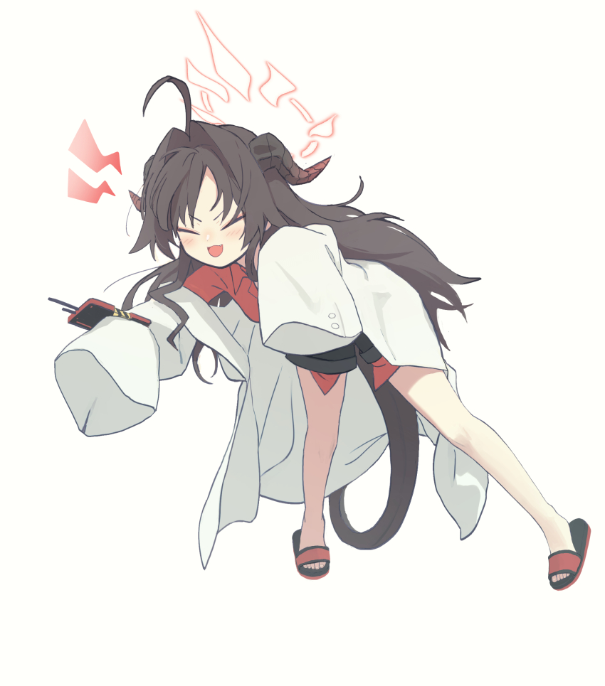 1girl absurdres ahoge black_hair blue_archive closed_eyes demon_girl demon_horns demon_tail hair_intakes halo highres horns kabanoki kasumi_(blue_archive) lab_coat leaning_forward red_shirt sandals shirt shorts smile tail white_background