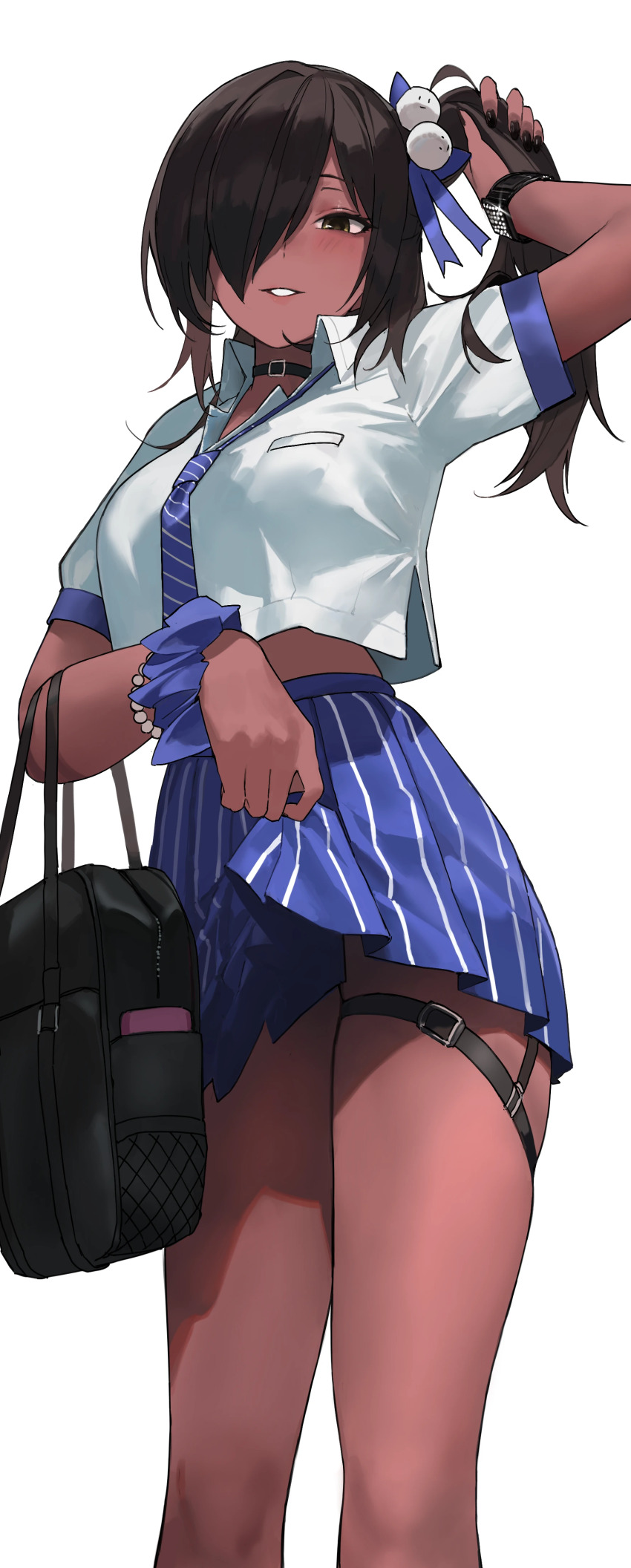 024th 1girl absurdres arm_up bag black_choker black_hair black_nails breasts choker collared_shirt dark-skinned_female dark_skin elbow_carry goddess_of_victory:_nikke hair_over_one_eye hair_ribbon handbag highres holding holding_own_hair long_hair looking_at_viewer medium_breasts naga_(nikke) necktie pleated_skirt ribbon scrunchie shirt short_sleeves side_ponytail simple_background skirt skirt_hold solo standing striped_clothes striped_necktie striped_skirt thigh_strap white_background white_shirt wrist_scrunchie