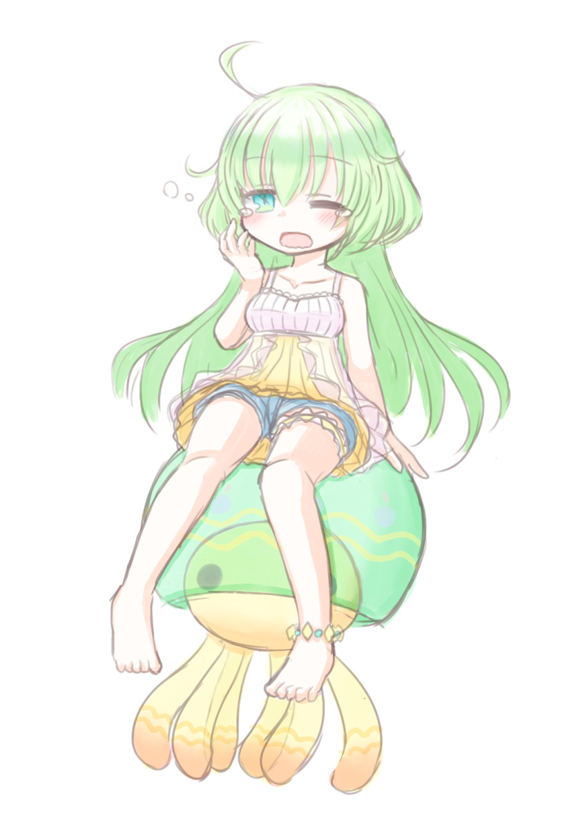 1girl ahoge bare_shoulders barefoot dress emil_chronicle_online frilled_dress frills frr_(akf-hs) green_eyes green_hair highres jellyfish one_eye_closed pants poison_gel_alma riding sleepy white_background yawning