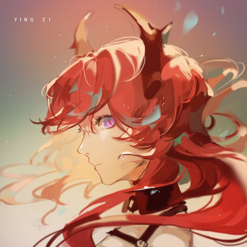 1girl arknights black_dress demon_girl demon_horns detached_collar dress highres horns long_hair looking_at_viewer red_hair solo surtr_(arknights) yingzi