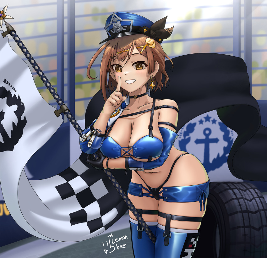 atelier_(series) atelier_ryza azur_lane baltimore_(azur_lane) baltimore_(azur_lane)_(cosplay) baltimore_(finish_line_flagbearer)_(azur_lane) black_gloves black_panties blue_footwear blue_hat boots breasts brown_eyes brown_hair cosplay gloves grin hat highleg highleg_panties highres large_breasts lemonbachi looking_at_viewer navel open_mouth panties peaked_cap race_queen reisalin_stout short_hair single_glove smile stomach underwear unused_tire