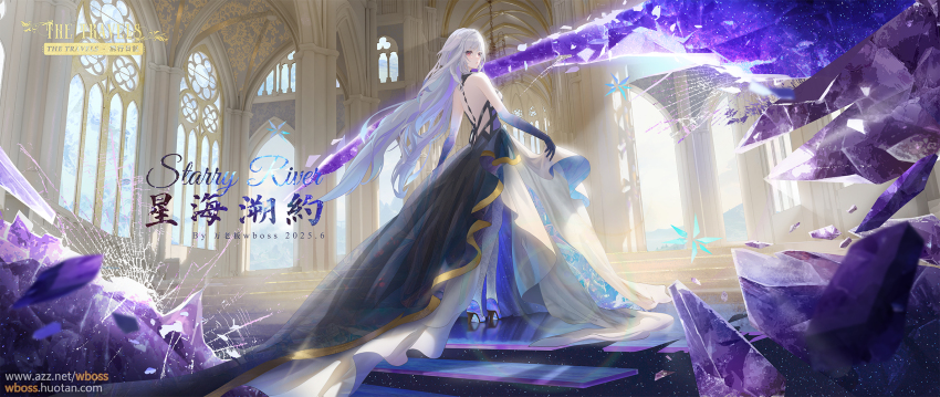 1girl artist_name backless_dress backless_outfit bare_back bare_shoulders commentary_request dated day dress english_text from_behind full_body genshin_impact highres indoors long_hair looking_at_viewer looking_back mixed-language_commentary prosthesis red_eyes skirk_(genshin_impact) solo standing very_long_hair watermark wboss web_address white_hair