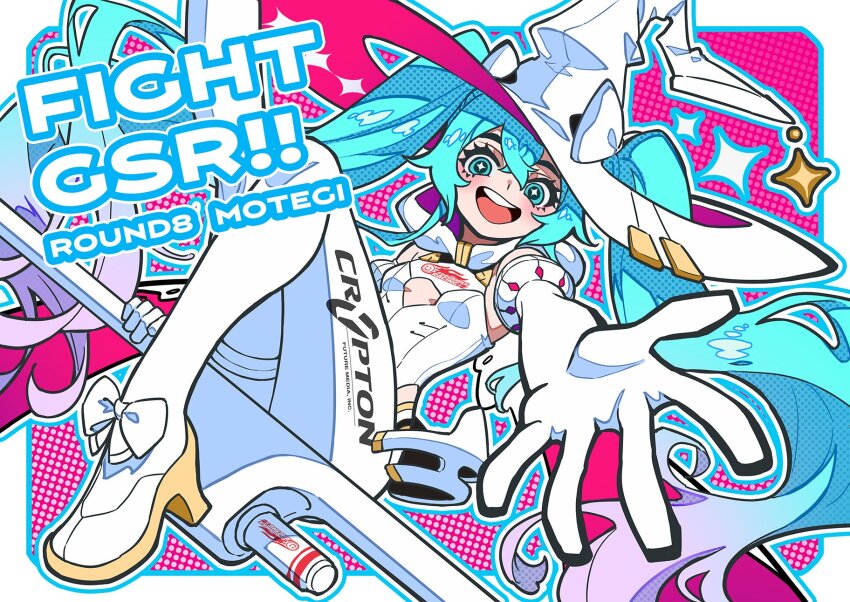 1girl :d aqua_eyes aqua_hair bare_shoulders boots bow broom broom_riding cleavage_cutout clothing_cutout copyright_name crossed_bangs detached_sleeves double-parted_bangs full_body goodsmile_racing gradient_hair hair_between_eyes hair_bow hat hatsune_miku high_heel_boots high_heels highres logo_print mogumo multicolored_hair open_mouth outstretched_arms pink_background polka_dot polka_dot_background puffy_detached_sleeves puffy_sleeves purple_hair racing_miku racing_miku_(2024) reaching reaching_towards_viewer shirt simple_background sleeveless sleeveless_shirt smile star_(symbol) super_gt teeth thigh_boots twintails upper_teeth_only vocaloid witch_hat