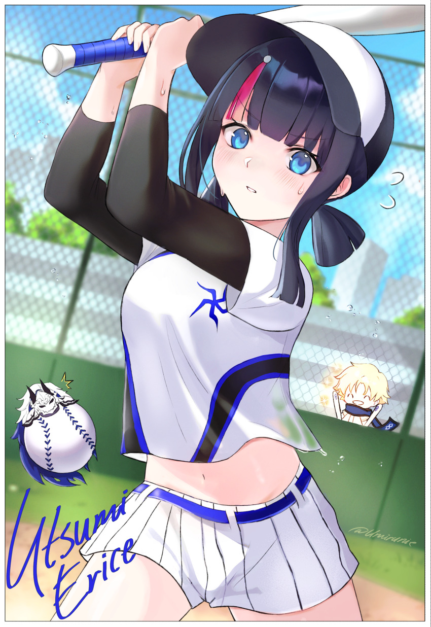 1girl 2boys absurdres arms_up ball baseball baseball_(object) baseball_bat baseball_cap baseball_uniform batting_stance black_hair blonde_hair blue_eyes blue_sky blurry blurry_background blush bokeh border breasts building chain-link_fence cloud day depth_of_field fate/grail_league fate/grand_order fate_(series) fence hat highres holding holding_baseball_bat large_breasts metal_baseball_bat minamoto_no_tametomo_(fate) multiple_boys navel outdoors parted_lips playing_sports shirt_under_shirt shorts signature sky solo_focus sportswear sweat sweatdrop tree umirunie undershirt utsumi_erice v-shaped_eyebrows voyager_(fate) wet wet_clothes white_border white_shorts