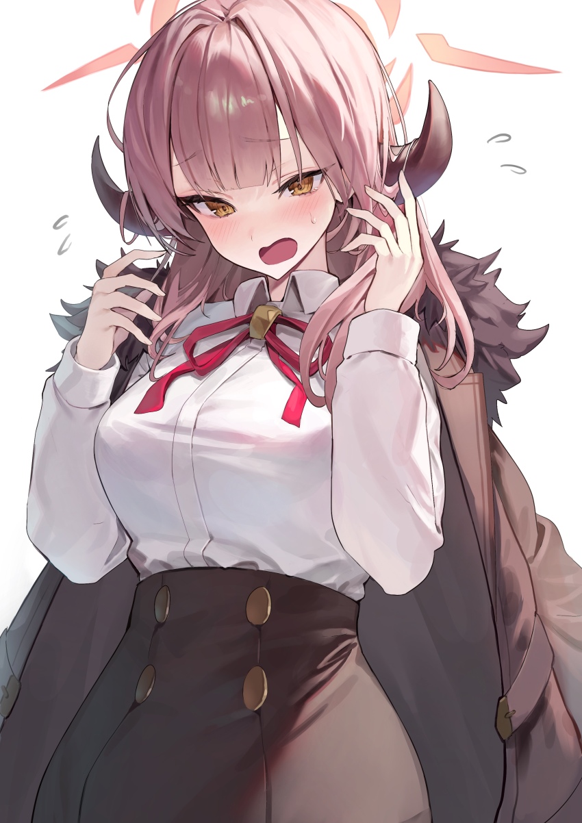 1girl absurdres aru_(blue_archive) black_skirt blue_archive blush breasts brown_coat brown_horns coat coat_on_shoulders collared_shirt demon_horns flying_sweatdrops gloves halo highres horns kabi_(zcwd8845) large_breasts long_hair long_sleeves neck_ribbon open_mouth pencil_skirt pink_hair pink_halo red_ribbon ribbon shirt simple_background skirt solo white_background white_gloves white_shirt yellow_eyes