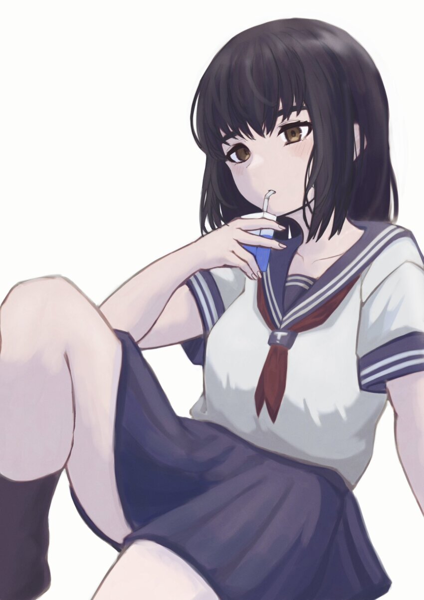 1girl alternate_costume black_hair breasts drinking eri_aki0827 goddess_of_victory:_nikke highres light_blush medium_breasts milk_(nikke) neckerchief pleated_skirt red_neckerchief sailor_collar school_uniform serafuku short_hair simple_background sitting skirt solo white_background