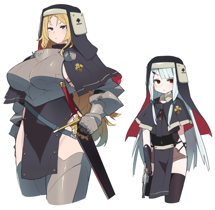 2girls absurdres arm_behind_back armor black_bra black_capelet black_gloves black_leotard black_panties black_veil blonde_hair blunt_bangs boobplate bra bra_strap breastplate breasts capelet couter covered_navel cropped_legs gloves grey_hair gun habit handgun highres holding holding_gun holding_weapon kometsubu large_breasts leotard leotard_under_clothes long_hair multiple_girls nun original panties panty_straps pelvic_curtain red_eyes revolver sheath sheathed short_eyebrows side_slit sideboob simple_background spiked_armor sword underwear v-shaped_eyebrows vambraces veil very_long_hair weapon white_background