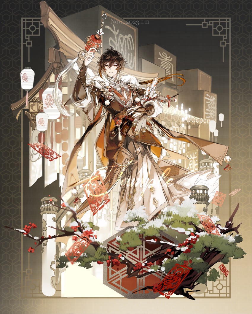 1boy absurdres alternate_costume antenna_hair architecture belt black_hair branch bridal_gauntlets brown_belt brown_bridal_gauntlets brown_coat chinese_clothes chinese_commentary chinese_paper-cut chinese_text coat cube dated earrings east_asian_architecture feet_out_of_frame flower fur_trim genshin_impact gradient_background gradient_hair grey_background grey_robe hair_between_eyes hand_up hanfu highres holding holding_branch holding_lantern holding_scroll jewelry lantern layered_sleeves long_hair long_sleeves looking_at_object male_focus multicolored_hair nnnnnova orange_eyes orange_hair paper_lantern parted_lips pine_tree plum_blossoms procreate_(medium) red_flower robe sample_watermark scroll shirt short-sleeved_coat short_over_long_sleeves short_sleeves single_earring single_sidelock smile snow solo standing stone_lantern tassel tassel_earrings tree watermark white_shirt yaopei yellow_background zhongli_(genshin_impact)