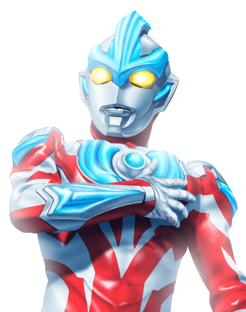 absurdres bracer hand_up highres long_sleeves looking_at_viewer mask simple_background standing tokusatsu ultra_series ultraman_ginga ultraman_ginga_(series) upper_body white_background yellow_eyes yoshifuto