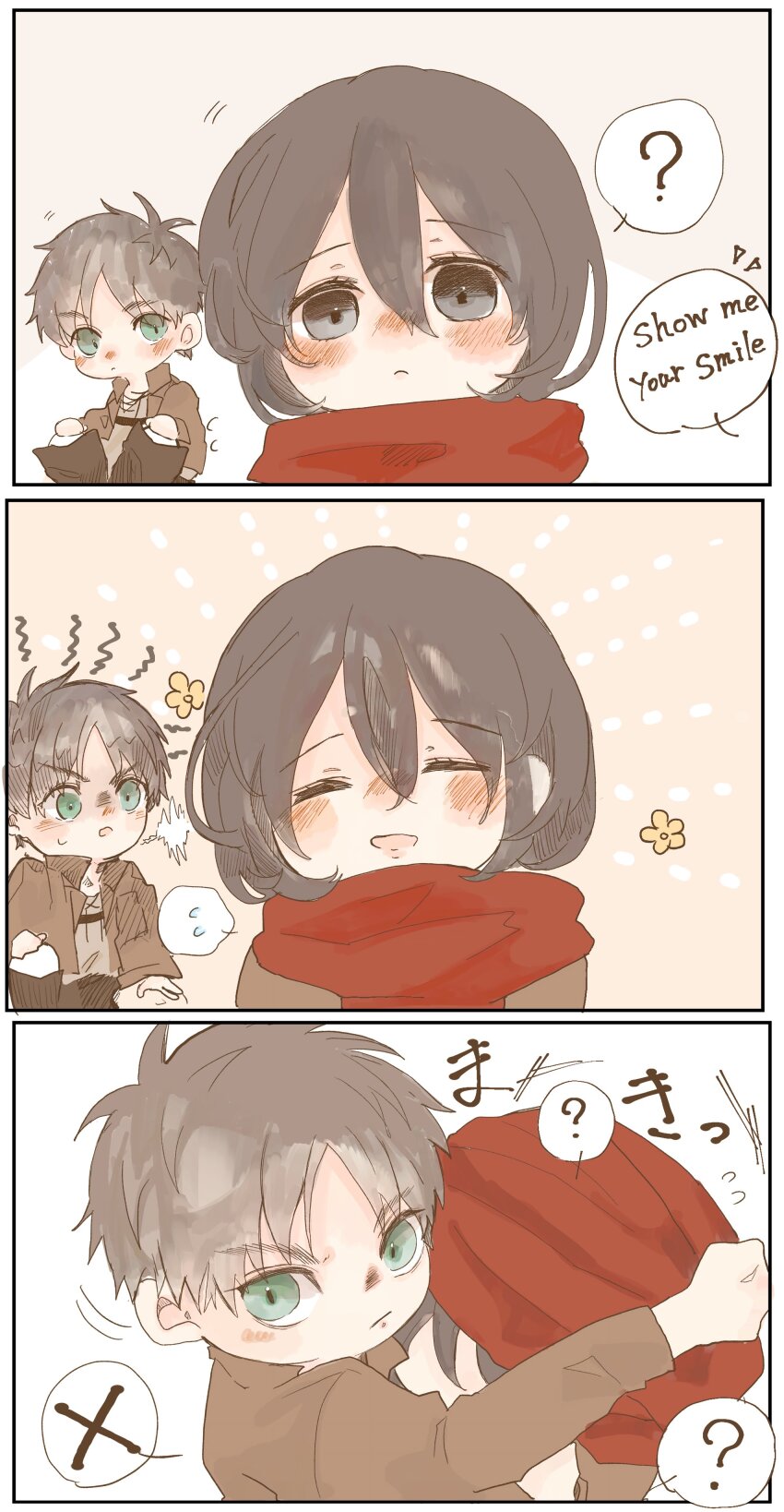 1boy 1girl ? absurdres black_hair blush brown_hair brown_jacket chibi closed_eyes eren_yeager furrowed_brow green_eyes grey_eyes hair_between_eyes highres jacket jealous mikasa_ackerman nitijoy2 open_mouth parted_bangs red_scarf scarf shingeki_no_kyojin smile spoken_question_mark