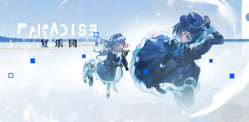 2girls absurdres black_coat black_gloves black_hat black_pants blue_bow blue_scarf blue_sky boater_hat bow brown_coat brown_hat checkered_clothes checkered_scarf chinese_text coat english_text ferrofluid fishbowl_helmet footprints full_body gloves grey_eyes grey_hair hand_up hat hat_bow highres jumpsuit long_hair looking_at_another multiple_girls object_head official_alternate_costume orange_hair outdoors pants reverse:1999 scarf short_hair sky snow sonetto_(reverse:1999) standing ulrich_(reverse:1999) ushanka vertin_(reverse:1999) walking white_jumpsuit yi_fen_ta