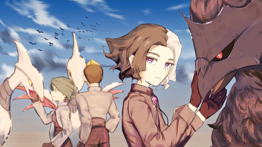 1girl 2boys amethio_(pokemon) bird bright_pupils closed_mouth cloud collared_shirt commentary_request copituji corviknight day gen_2_pokemon gen_8_pokemon gloves hand_up highres long_sleeves multicolored_hair multiple_boys nintendo onia_(pokemon) outdoors pants pokemon pokemon_(anime) pokemon_(creature) pokemon_horizons purple_eyes shirt short_hair skarmory sky symbol-shaped_pupils triangle-shaped_pupils two-tone_hair white_pupils zirc_(pokemon)