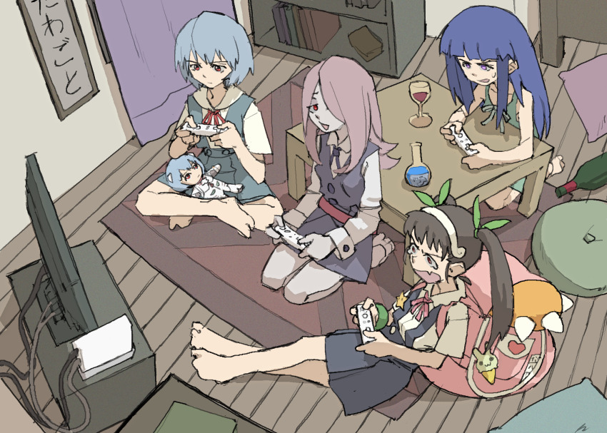 4girls :3 absurdres ayanami_rei backpack bag bakemonogatari barefoot blue_hair blunt_bangs bookshelf character_doll colored_skin commentary commission controller crossed_arms crossover curtains dress fang flask furude_rika game_console game_controller green_dress grey_skin hachikuji_mayoi hair_over_one_eye hairband highres higurashi_no_naku_koro_ni indian_style little_witch_academia monogatari_(series) multiple_crossover multiple_girls neon_genesis_evangelion open_mouth pantsu-ripper pillow playing_games red_eyes rei_chikita round-bottom_flask school_uniform seiza sitting skin_fang sucy_manbavaran tears television tokyo-3_middle_school_uniform twintails white_hairband wii wii_remote