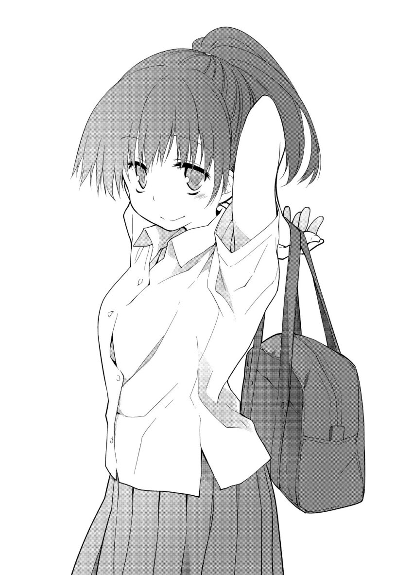 1girl arms_up bag breasts closed_mouth collared_shirt commentary_request cowboy_shot from_side greyscale hair_between_eyes high_ponytail highres holding holding_bag looking_at_viewer medium_breasts midori_no_ruupe monochrome original pleated_skirt ponytail school_uniform shirt short_hair short_sleeves sidelocks simple_background skirt smile solo standing tareme untucked_shirt