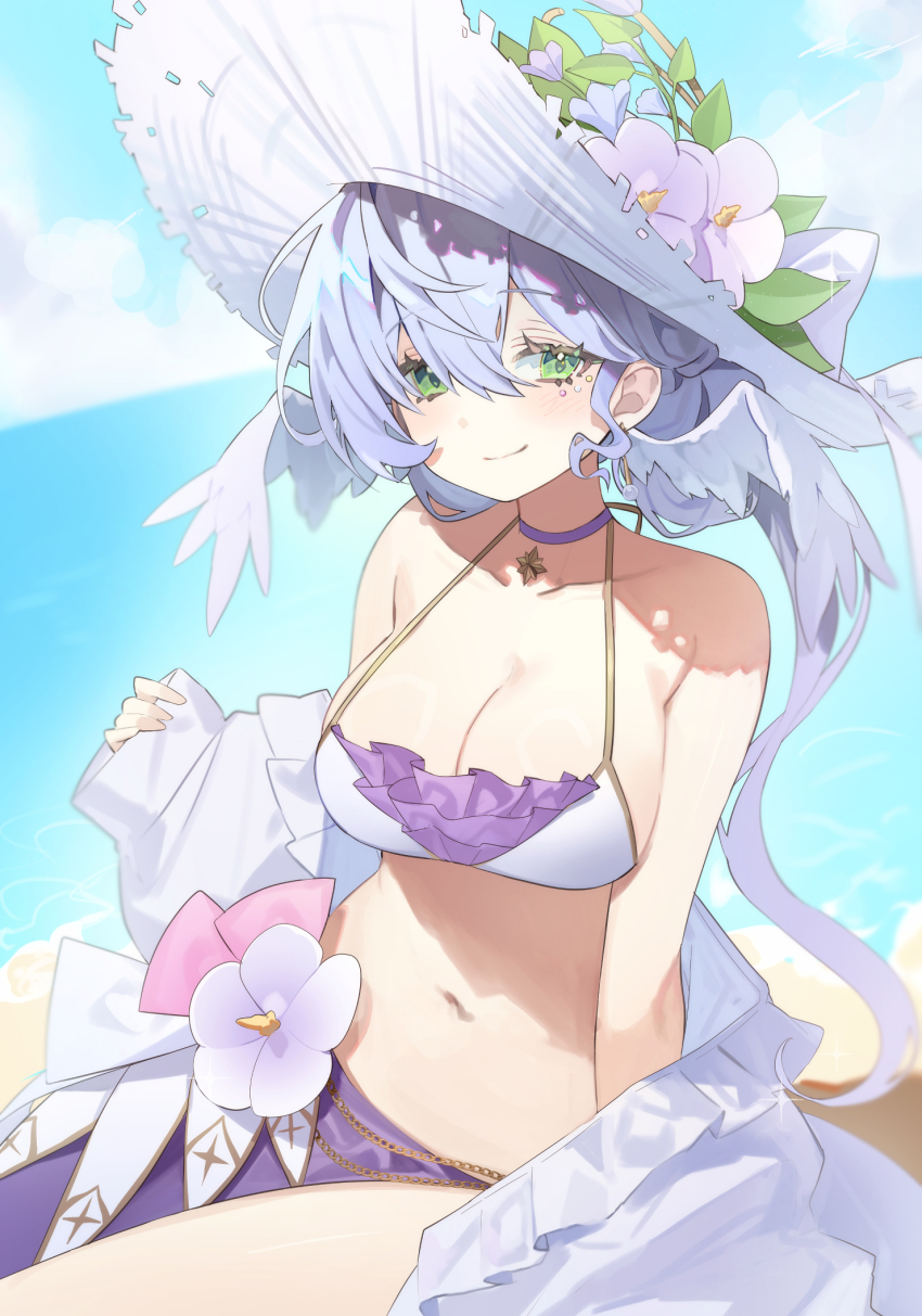 1girl bare_shoulders bikini blue_hair breasts earrings hair_between_eyes hat highres honkai:_star_rail honkai_(series) jewelry long_hair looking_at_viewer p_changgun robin_(honkai:_star_rail) sitting smile solo swimsuit
