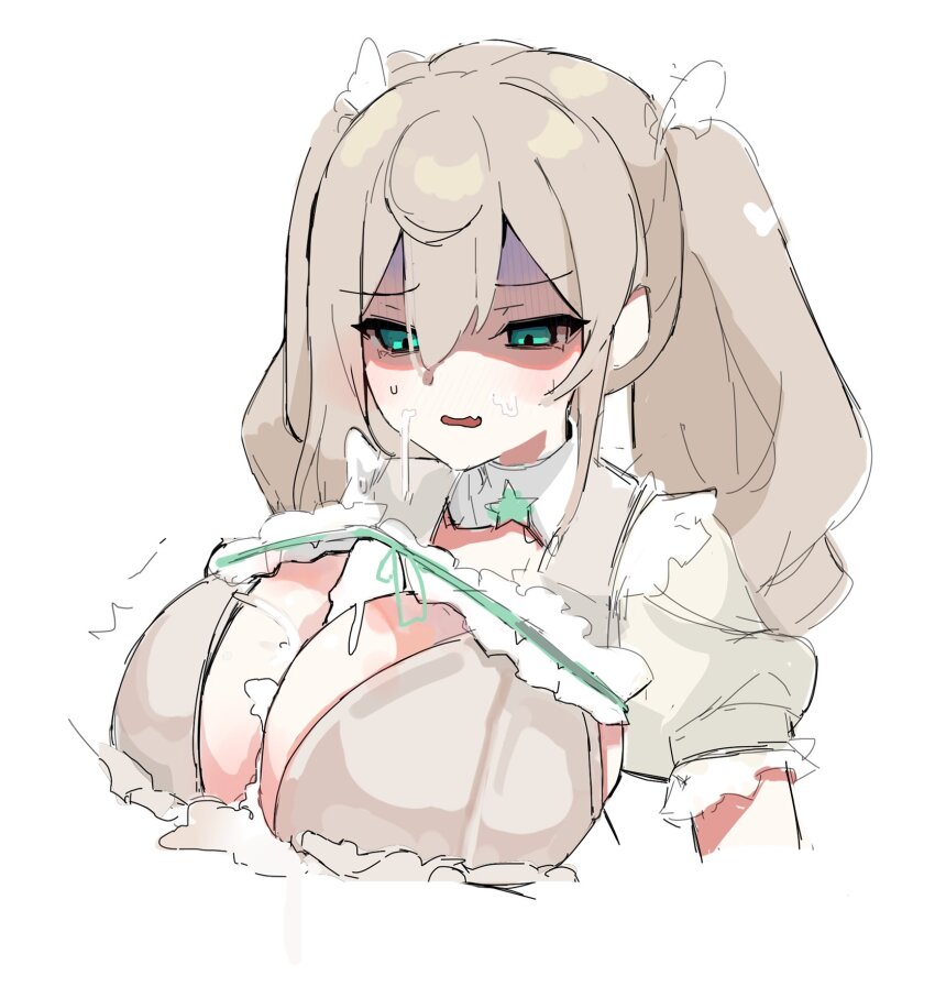1girl aia_amare_(4th_costume) aqua_eyes blank_censor blush breasts censored commentary cum cum_on_body cum_on_breasts cum_on_upper_body english_commentary facial hair_between_eyes highres long_hair mewraii motion_lines nijisanji nijisanji_en paizuri penis shaded_face simple_background sketch sweatdrop twintails virtual_youtuber white_background