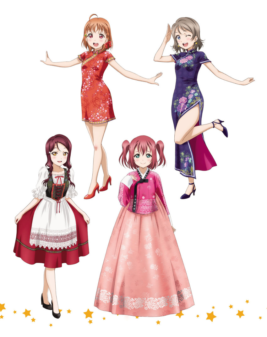 4girls ahoge aqua_eyes artbook blue_eyes braid china_dress chinese_clothes dirndl dress earrings full_body german_clothes grey_hair hair_ornament high_heels highres jewelry kurosawa_ruby long_hair long_skirt looking_at_viewer love_live! love_live!_sunshine!! multiple_girls non-web_source official_art one_eye_closed open_mouth orange_hair pumps red_dress red_eyes red_hair sakurauchi_riko salute short_hair short_sleeves simple_background skirt smile standing standing_on_one_leg takami_chika twintails two_side_up watanabe_you white_background yellow_eyes