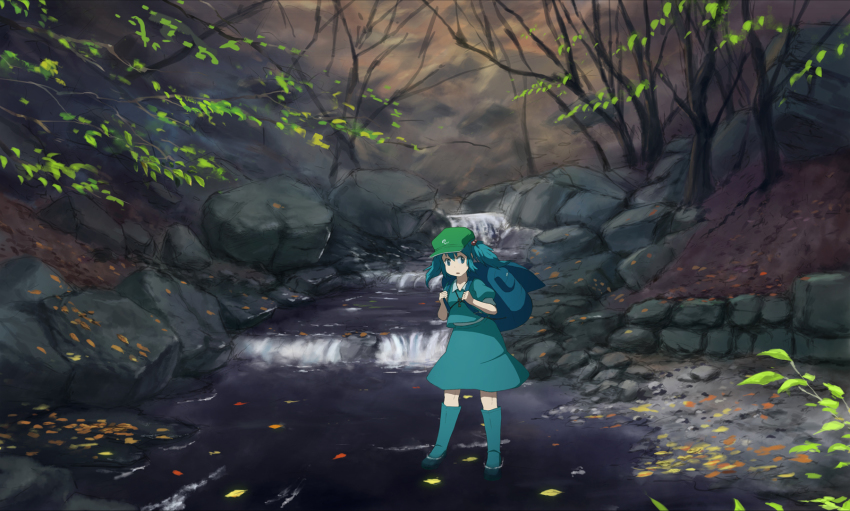 1girl backpack bad_id bad_pixiv_id bag blue_boots blue_eyes blue_hair boots branch dress dress_shirt female_focus forest green_hat hair_bobbles hair_ornament hat highres kawashiro_nitori key knee_boots leaf matching_hair/eyes mountain nature open_mouth partially_submerged pebble plant puffy_short_sleeves puffy_sleeves river rock rubber_boots sasaj scenery shirt short_hair short_sleeves skirt skirt_set soaking_feet solo standing stone stream touhou twintails two_side_up wading water white_shirt