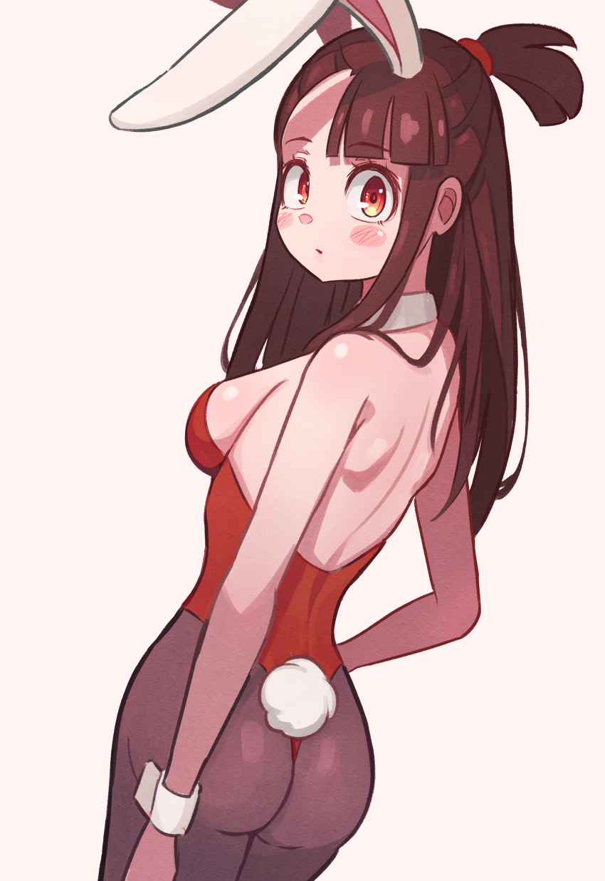 1girl absurdres animal_ears ass asymmetrical_bangs backboob breasts brown_hair choker cowboy_shot dutch_angle fake_tail from_behind highres kagari_atsuko leotard little_witch_academia long_hair looking_at_viewer looking_back madabau medium_breasts pantyhose pink_background playboy_bunny rabbit_ears rabbit_tail red_eyes red_leotard shoulder_blades simple_background solo standing strapless strapless_leotard tail white_choker white_wrist_cuffs wrist_cuffs