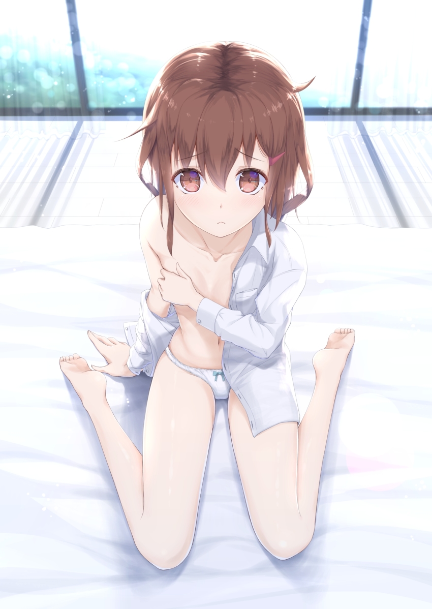 10s 1girl :c akikan_(10552397) arm_support bare_legs barefoot blouse blush bow bow_panties breasts brown_eyes brown_hair checkered_floor collarbone covering_breasts covering_privates curtains dress_shirt female_focus from_above futon hair_between_eyes hair_ornament hairclip highres ikazuchi_(kancolle) indoors kantai_collection light_particles light_rays looking_at_viewer navel no_bra open_clothes open_shirt panties shirt short_hair sitting small_breasts solo underwear undressing wariza white_panties white_shirt window