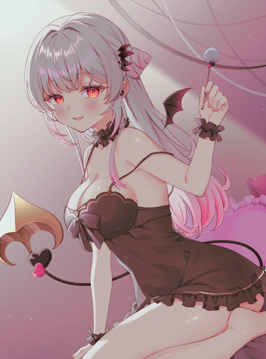 1girl :d alternate_costume bare_legs barefoot black_chemise breasts chemise cleavage commentary cone_hair_bun cotton_swab demon_girl demon_tail demon_wings detached_wings dutch_angle earbuds earphones english_commentary frilled_chemise gradient_hair grey_hair hair_bun hand_up highres holding_cotton_swab indie_virtual_youtuber knees_out_of_frame large_breasts looking_at_viewer mini_wings multicolored_hair nail_polish open_mouth orange_eyes pink_hair pink_nails pointy_ears side_up_bun sidelocks single_hair_bun sitting smile solo strap_slip suou_patra tail tt_chicca virtual_youtuber wings