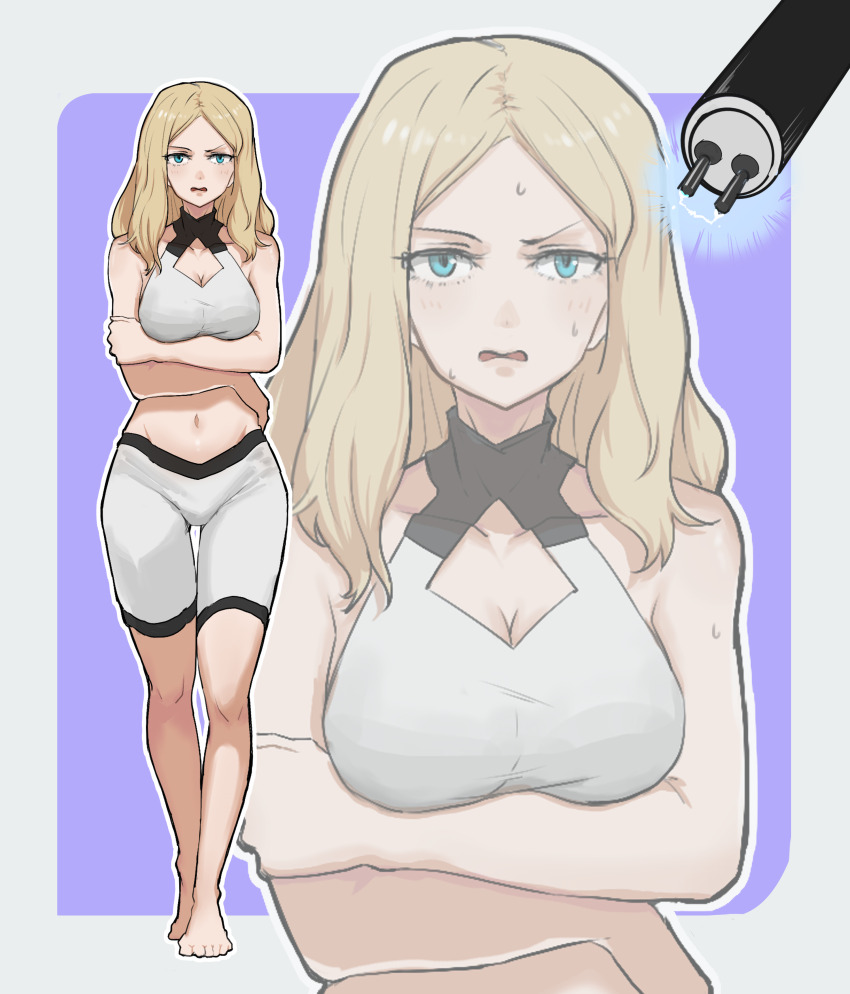 1girl absurdres barefoot blonde_hair blue_eyes bra disgust female_focus highres isshou_senkin long_hair looking_at_viewer navel open_mouth purple_background shorts solo sports_bra stun_baton sweat underwear watanabe_karen white_background white_bra white_shorts