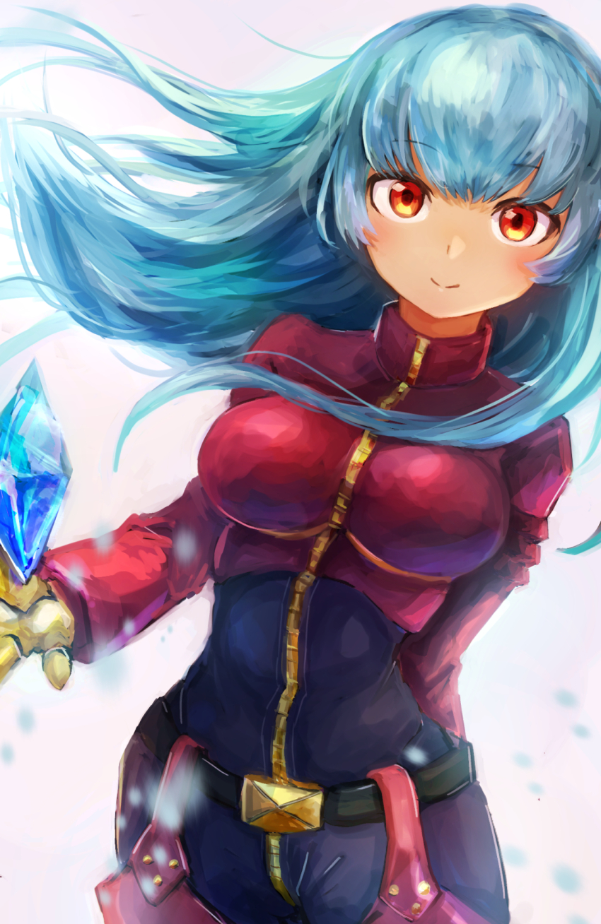 1girl blue_hair breasts dutch_angle hatano_kiyoshi highres ice jumpsuit kula_diamond long_hair looking_at_viewer medium_breasts orange_eyes purple_jumpsuit smile solo standing the_king_of_fighters white_background zipper