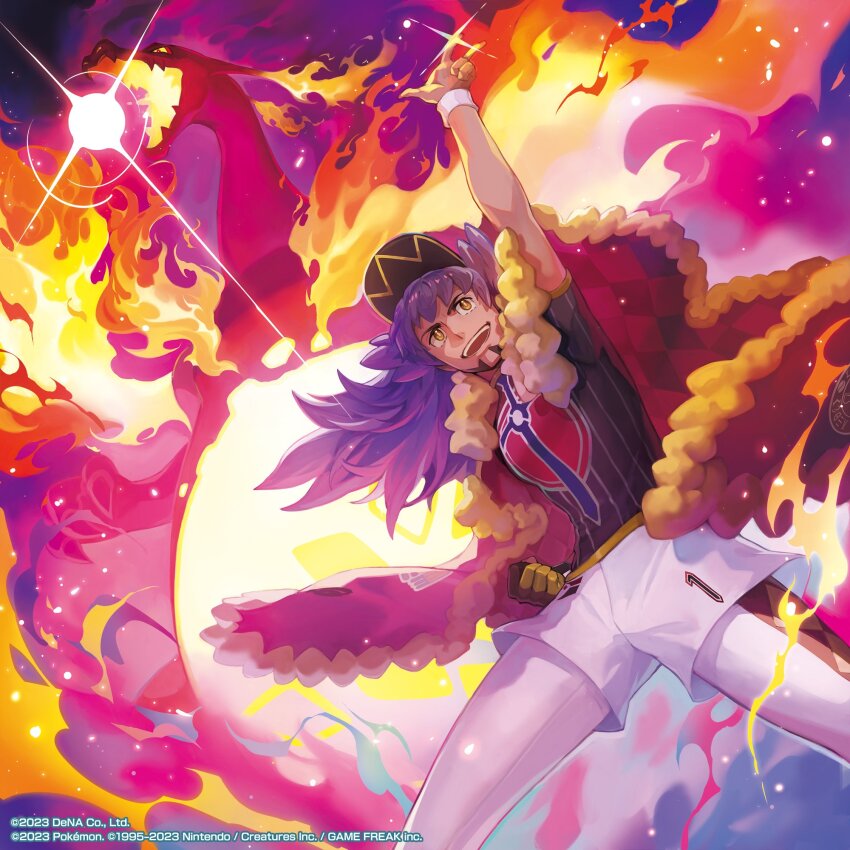 1boy :d argyle arm_up baseball_cap cape champion_uniform charizard charizard_pose commentary dark-skinned_male dark_skin english_commentary facial_hair fire from_below fur-trimmed_cape fur_trim gen_1_pokemon gigantamax gigantamax_charizard gloves hat highres katano_shibire leggings legs_apart leon_(pokemon) long_hair male_focus nintendo official_art open_mouth pokemon pokemon_(creature) pokemon_masters_ex pokemon_swsh purple_hair red_cape shield_print shirt short_shorts short_sleeves shorts single_glove smile sword_print watermark white_shorts yellow_eyes
