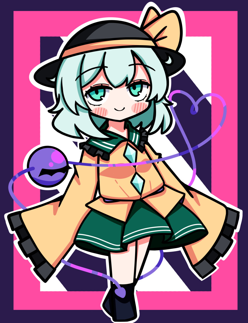 1girl absurdres black_hat blush blush_stickers bow buttons diamond_button frilled_shirt_collar frilled_sleeves frills green_eyes green_hair green_skirt hat hat_bow heart heart_of_string highres komeiji_koishi light_green_hair long_sleeves looking_at_viewer medium_hair shirt skirt sleeves_past_wrists smile solo standing third_eye touhou waroemon yellow_bow yellow_shirt