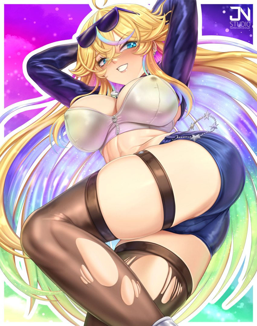 1girl ahoge arielle_(vtuber) black_thighhighs blonde_hair blue_eyes blue_hair blue_jacket blue_shorts breasts closed_mouth eyewear_on_head gradient_hair green_hair highres indie_virtual_youtuber jacket jnstudio large_breasts long_hair looking_at_viewer mole mole_under_eye multicolored_hair purple_hair shorts sidelocks smile solo strapless sunglasses thigh_strap thighhighs torn_clothes torn_thighhighs tube_top very_long_hair virtual_youtuber white_tube_top