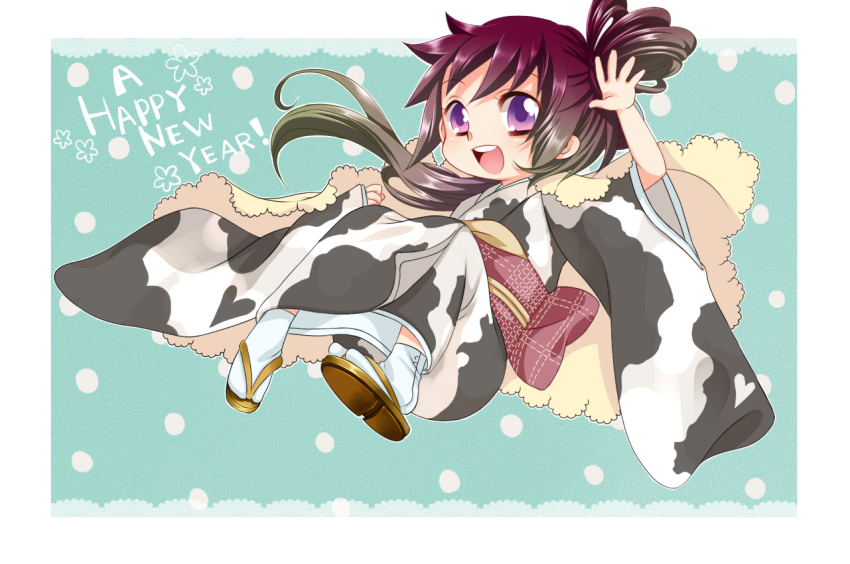 1girl animal_print cow_print female_focus japanese_clothes kimono neko_(natsuiroclassic) new_year original purple_eyes purple_hair sandals smile solo tabi