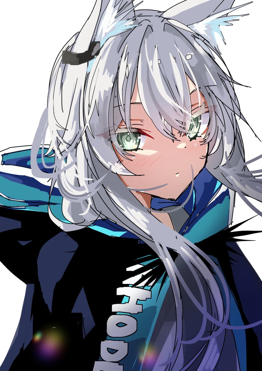 1girl absurdres animal_ear_fluff animal_ears arknights black_jacket cat_ears earpiece green_eyes grey_hair grey_shirt highres hood hood_down hooded_jacket jacket jacket_on_shoulders kamiya_mitobe light_blush long_hair looking_at_viewer rosmontis_(arknights) shirt sidelocks simple_background solo upper_body white_background