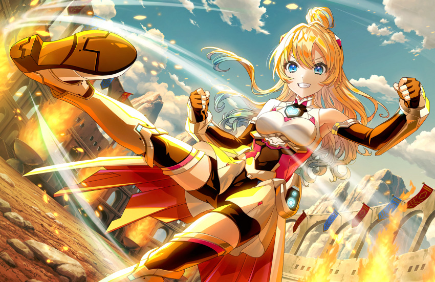 1girl :d arena armpits black_gloves black_thighhighs blonde_hair blue_eyes blue_hair blue_sky breasts cloud colosseum day elbow_gloves fanfare!!!_(love_live!) fang fingerless_gloves foot_out_of_frame game_cg gloves gradient_hair grin hair_between_eyes hair_bun headpiece heart highres kicking light_blue_hair link!_like!_love_live! long_hair looking_at_viewer love_live! medium_breasts multicolored_hair official_alternate_costume official_alternate_hairstyle official_art open_mouth osawa_rurino outdoors shoe_soles single_hair_bun sky smile solo swept_bangs thighhighs third-party_source v-shaped_eyebrows virtual_youtuber