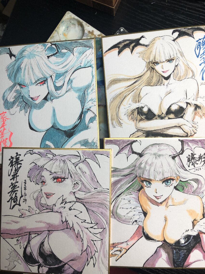 black_leotard blunt_bangs breasts cleavage darkstalkers fujii_eishun head_wings highres leotard morrigan_aensland photo_(medium) shikishi smile upper_body wings