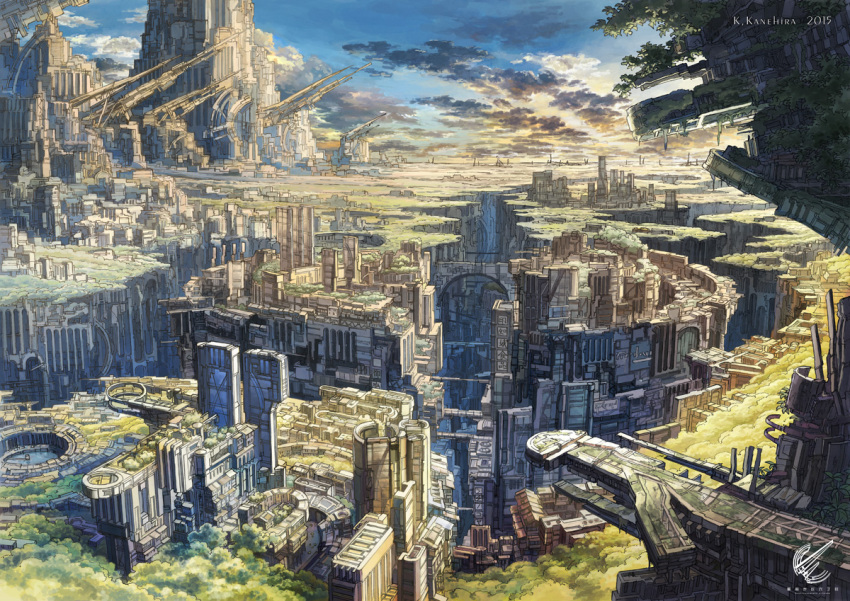 10s 2015 artist_name bridge building canyon cityscape cloud day from_above k_kanehira landscape no_humans original scenery science_fiction sky tree