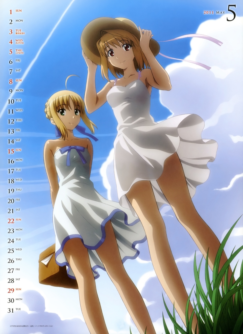 2girls absurdres ahoge arcueid_brunestud arms_behind_back arms_up artoria_pendragon_(fate) bare_legs bare_shoulders barefoot basket blonde_hair blue_bow blue_ribbon bow braid breasts calendar carnival_phantasm cleavage closed_mouth cloud cloudy_sky collarbone dot_nose dress fate/stay_night fate_(series) female_focus grass green_eyes hair_bow hair_bun hair_ribbon hand_on_headwear hat highres holding holding_basket legs looking_at_viewer looking_down medium_hair miniskirt morita_kazuaki multiple_girls no_bra no_panties nyantype outdoors red_eyes ribbon saber_(fate) scan see-through_clothes see-through_silhouette see-through_skirt sexually_suggestive single_hair_bun skirt sky small_breasts smile strapless strapless_dress straw_hat sundress thighs tsukihime wavy_hair white_dress white_skirt window