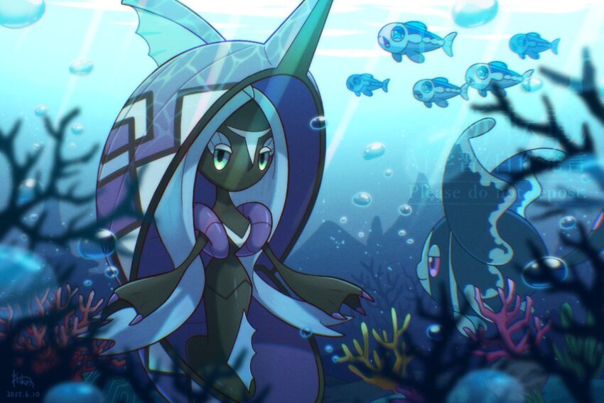 air_bubble black_eyes bubble closed_mouth colored_sclera coral_reef dated gen_4_pokemon gen_7_pokemon legendary_pokemon looking_at_another lumineon nintendo open_mouth pokemon pokemon_(creature) pokemon_focus signature smile tapu_fini underwater wataame4907 wishiwashi wishiwashi_(solo)