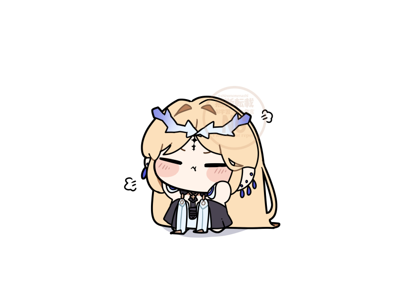 1girl absurdres black_dress blonde_hair cartethyia_(wuthering_waves) chibi chibi_only closed_eyes commentary_request crown_of_thorns dress earrings highres jewelry long_hair pointy_ears pout puff_of_air shinonome_nashi simple_background solo tabard tacet_mark_(wuthering_waves) very_long_hair white_background white_tabard wuthering_waves