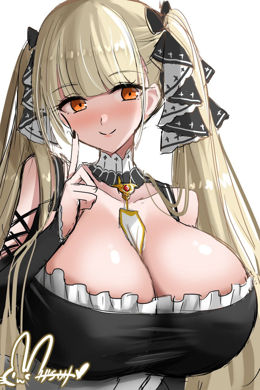 1girl absurdres artist_logo azur_lane bare_shoulders between_breasts black_nails blonde_hair breasts cleavage clothing_cutout commentary_request detached_collar dress formidable_(azur_lane) frilled_dress frills gem highres hisin huge_breasts logo long_hair nail_polish necktie necktie_between_breasts orange_eyes red_gemstone ribbon shoulder_cutout simple_background smile solo two-tone_ribbon upper_body white_background